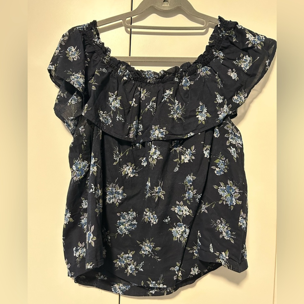 Current/Elliott Navy Floral Ruffle Blouse (size large)